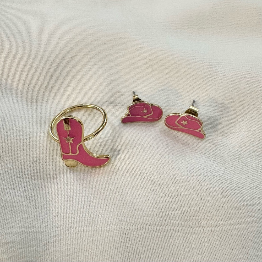 Cowgirl Boot Ring and Hat Stud Earrings Set, Hot Pink and Gold, Ring Size 7